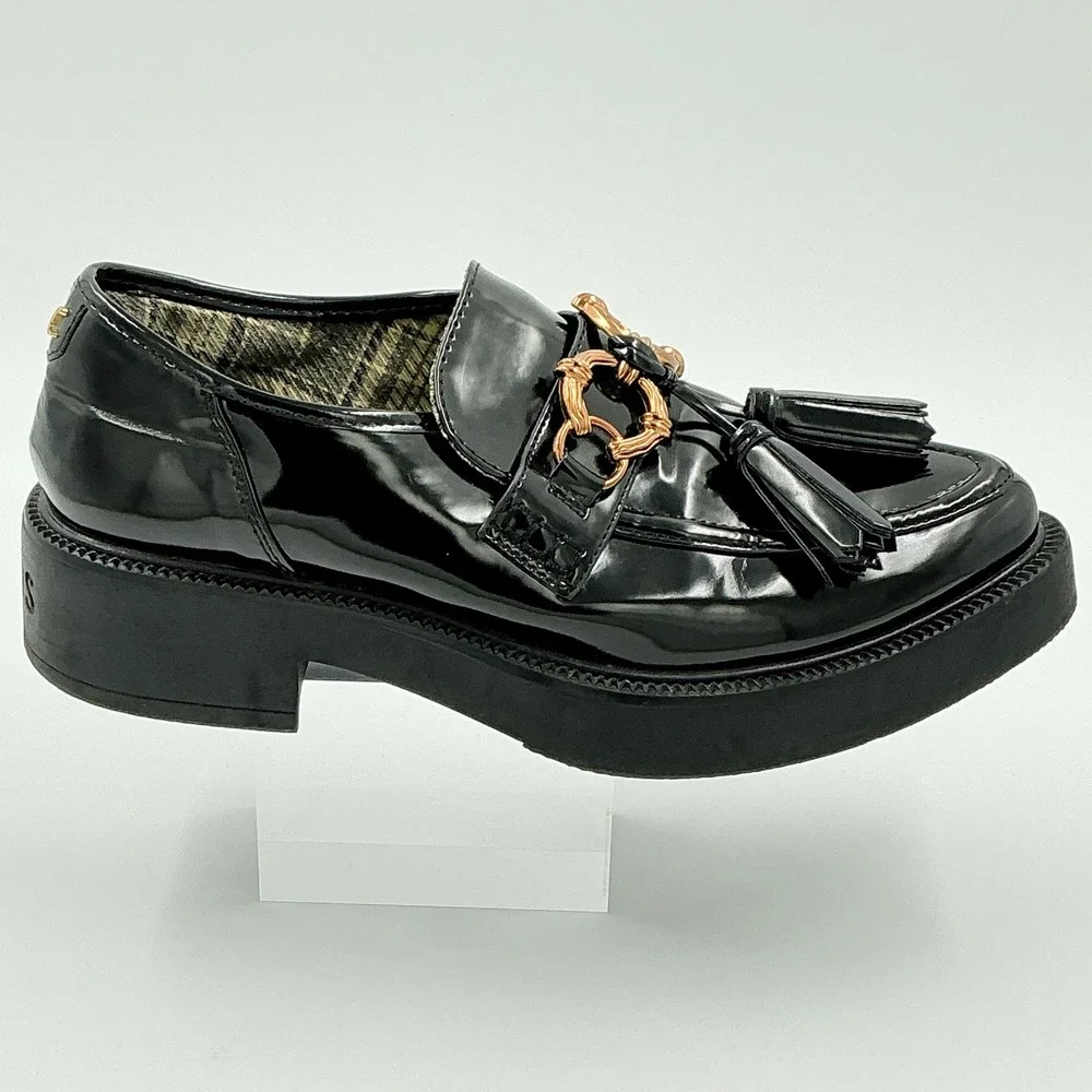 Circus by Sam Edelman Size 8.5 Black Patent Platform Loafers Tassel Gold Nichola